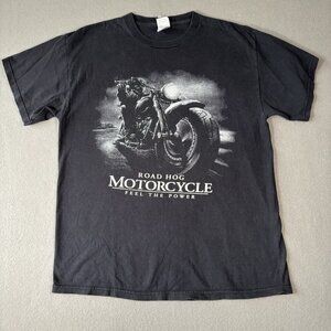 Vtg Mens XL Road Hog Motorcycle Black T Shirt Biker Feel the Power Y2K Tee Faded